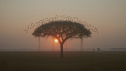 tree in the middle of the savannah, created by ia