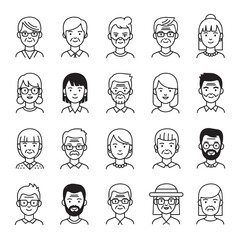 Line art avatars of diverse people. Simple, clean black and white illustrations of faces. Various ages, hairstyles, and facial features are represented.