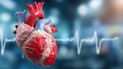 A realistic 3D representation of a human heart showcases intricate features, floating in front of an abstract medical backdrop.