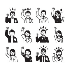 Group of diverse cartoon people raising their fists in the air, symbolizing victory, success, or protest. Simplified black and white line art style.