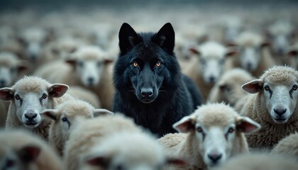 Naklejka premium Black wolf stands among white sheep. Conceptual image about contrast, difference. Image black wolf surrounded by white sheep, creating strong visual symbolism. Idea of uniqueness, difference,
