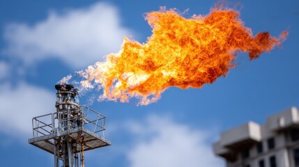 A large flame erupts from a gas flare on a tall metal structure under a bright blue sky.