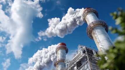 Smoke rises from tall smokestacks at a large industrial facility, showcasing energy generation under a bright blue sky, reflecting the sector's impact.