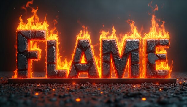 Fiery flame text effect against dark textured background. Bold orange font style, burning letters. Fire flames, burning text. Text design for website header. Suitable for gaming, war, power, hell