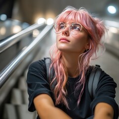 A young woman with vibrant pink hair sits on a staircase in a busy urban location.