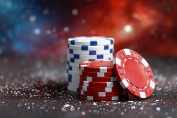 Stacks of red and blue poker chips are arranged elegantly on a surface sprinkled with glitter, contrasting with a vibrant cosmic background that enhances the thrilling ambiance of gaming.