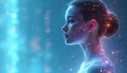 Illustration of woman profile bathed in glowing particles. AI concept visualizes digital transformation, connectivity, AI future, machine learning and high tech innovations. Artistic vision.