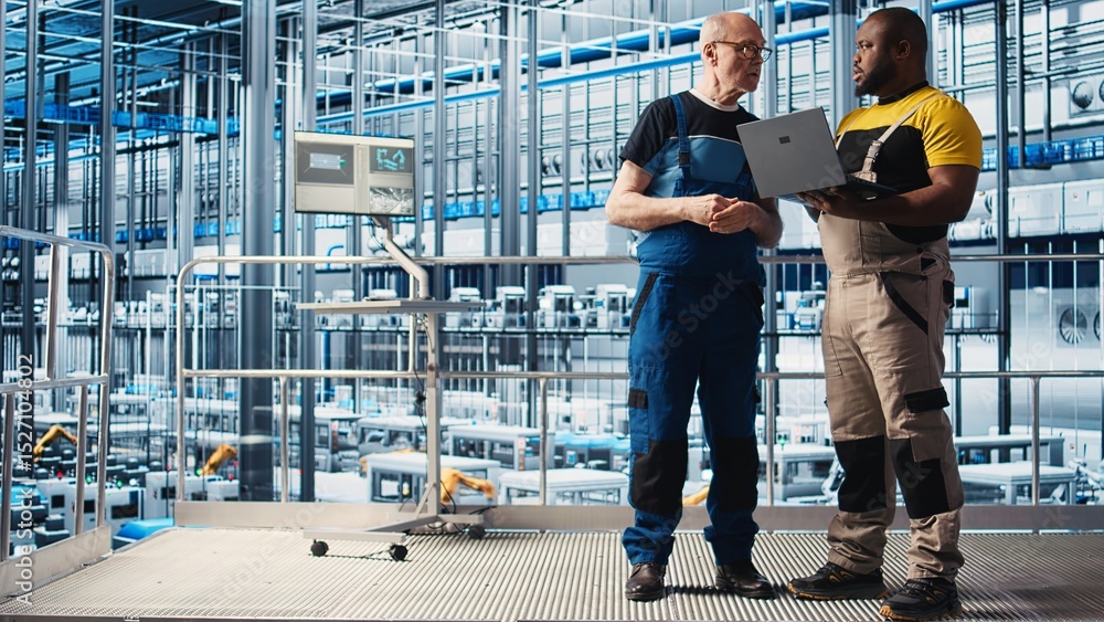 Poster senior engineer talking with intern in smart factory, collecting and analyzing data. experienced tec