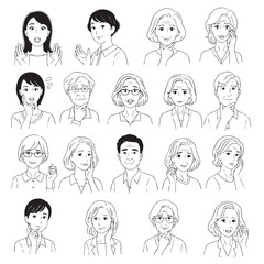 A collection of black and white line art illustrations depicting diverse people with various ages and expressions, each seemingly pondering something.