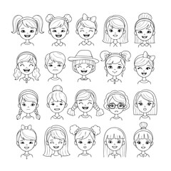 A collection of 20 unique outlined cartoon girls with various hairstyles, expressions and accessories like ribbons and glasses. Perfect for coloring pages.