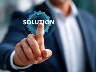 A business professional engages with a digital interface, focusing on a solution concept. The modern office background highlights the integration of technology in problem-solving.