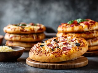 A close-up of mouthwatering pizzas showcases enticing toppings including pepperoni and olives. The setting features a rustic wooden board, inviting warmth for sharing at home.