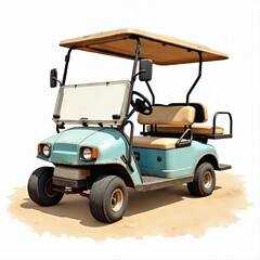 Vintage golf cart parked on sandy terrain ready outdoor fun. Blue classic buggy design with rust details, ready for leisure activities, travel. Transportation vehicle for recreation, adventure.
