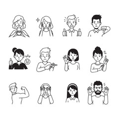 Line art illustrations depicting various human emotions and gestures, including love, surprise, thumbs up, thumbs down, pointing, anger, and other expressions.