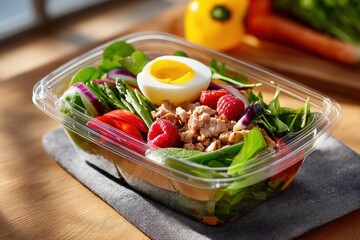 A vibrant garden salad featuring mixed greens, grilled chicken, colorful vegetables, and a soft-boiled egg presented in a clear container.