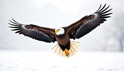 Fototapeta premium Majestic bald eagle soars against snowy background. Wings spread, white head, yellow beak, talons. Bird of prey, national symbol of freedom, america. Wildlife animal in winter landscape.