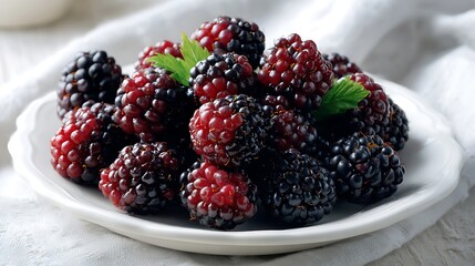 Fresh Blackberries with Green Leaves on a White Plate