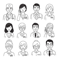 Black and white outline illustrations of diverse medical professionals including doctors and nurses. Includes men & women, various ages, and wearing scrubs and lab coats.