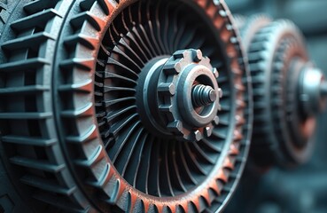 Fototapeta premium Close-up of gas turbine engine blades. Metallic industrial machine components with axial thrust, exhaust. Turbo compressor details. Engineering manufacture in power plant.