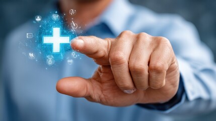 A hand extends towards a bright health symbol, representing the fusion of technology and health. This moment illustrates the focus on digital advancements in wellbeing.