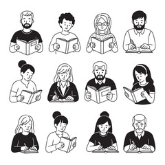 Black and white line art drawing of diverse people reading and writing. Individuals depicted are both male and female, young and old, and of various ethnicities.