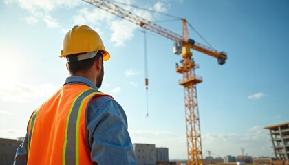Construction worker in hard hat and safety vest looks crane building site. Worker examines project, ensuring safety, inspecting job. Construction industry site, labor, engineer, builder.