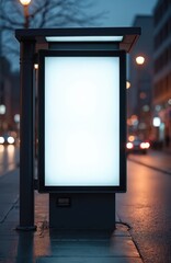 Vertical digital billboard mockup at city bus stop. Illuminated display, empty white screen template at night. Urban outdoor advertising space for commercial messages, promotion, marketing campaigns.