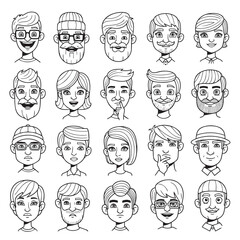 Line art collection of diverse cartoon faces. Includes men and women with varying hairstyles, facial features, and accessories like glasses and hats.
