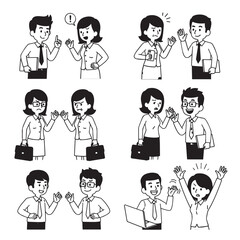 Collection of cartoon business people in different interactions, illustrating various emotions and situations, all in a simple, vector style.