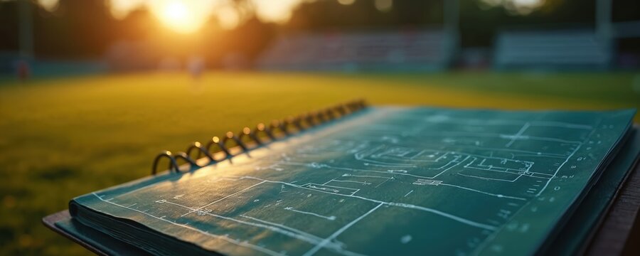 Football playbook filled with complex plays. Detailed sport strategies. Green grass field, stadium with people at sunset. Championship, competition match concept, event, tournament, sports.
