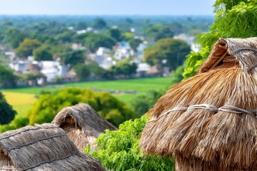 Thatched huts overlook vibrant green fields and distant white houses, embodying the tranquil beauty of rural living. Bright sunlight and clear skies enhance the serene atmosphere.