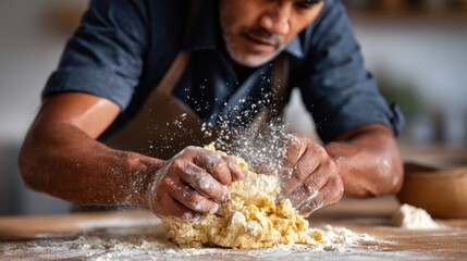 A man diligently kneads dough in a warm kitchen filled with natural light. Flour dust fills the air as he prepares ingredients for homemade bread or pastries, showcasing his culinary skills.