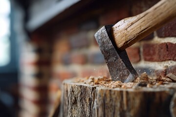 An axe is striking a log in a quaint environment, scattering wood shavings around. The background features a warm brick wall, enhancing the rustic feel. Natural light fills the space.