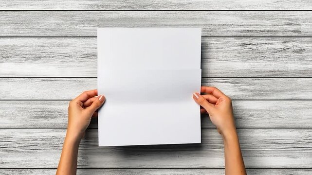 Blank Paper Mockup: Hands Holding a Clean Sheet on Wooden Background