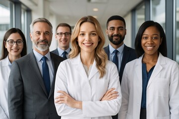 Confident diverse medical and business professionals standing together in modern office corridor, showcasing teamwork, healthcare expertise, success, and corporate collaboration in workplace

