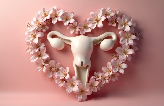 Illustration female uterus decorated flowers in heart shape. Concept of reproductive health woman, anatomy, pregnancy, fertility. Pink pastel background. Medical design, gynecology, health care.