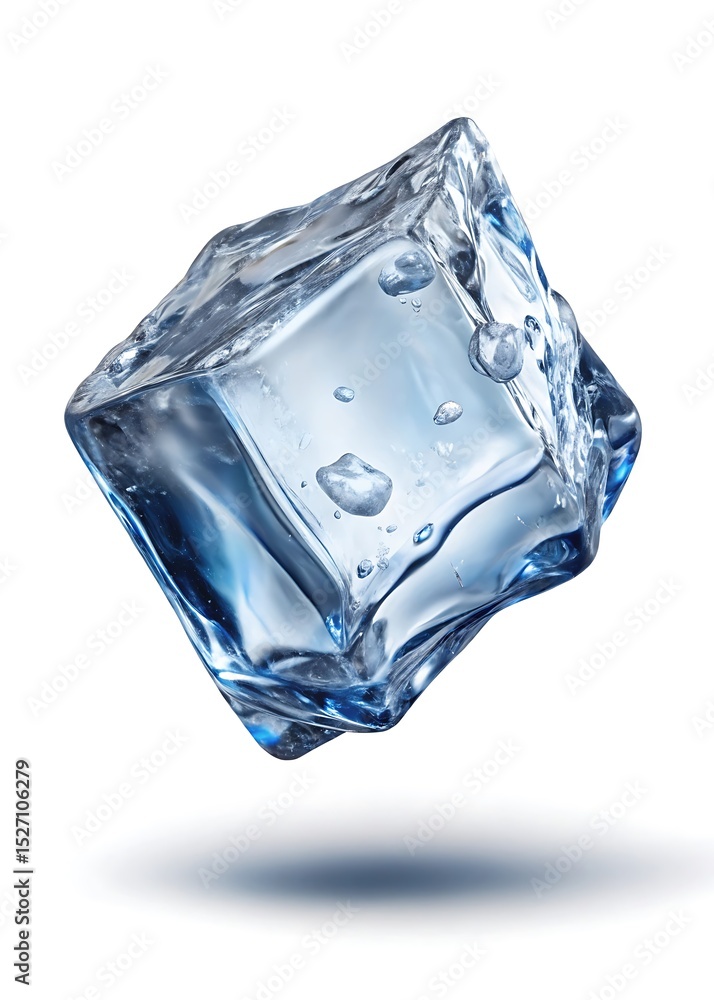 Aufkleber close-up shot of a single ice cube with a white background showing its transparency and reflections