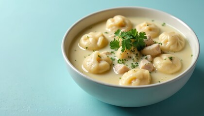 Close-up view of a bowl with tasty chicken and dumplings, herbs and sauce. Placed on a light blue background. Comfort food meal, great for lunch or dinner. Homemade cuisine recipe.