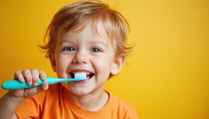 Happy toddler boy brushes teeth with toothbrush. Child smiles while cleaning teeth, showing dental hygiene routine. Kid on yellow background enjoys morning oral care. Healthy teeth, happy kid.