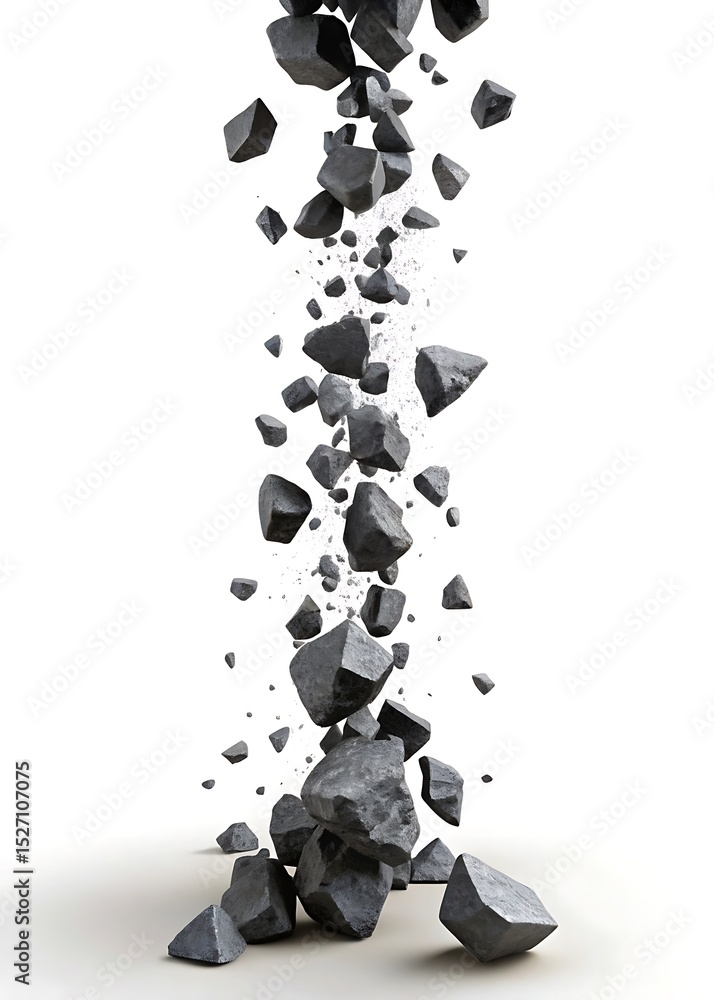 Poster falling stone fragments with dynamic motion blur on white backdrop