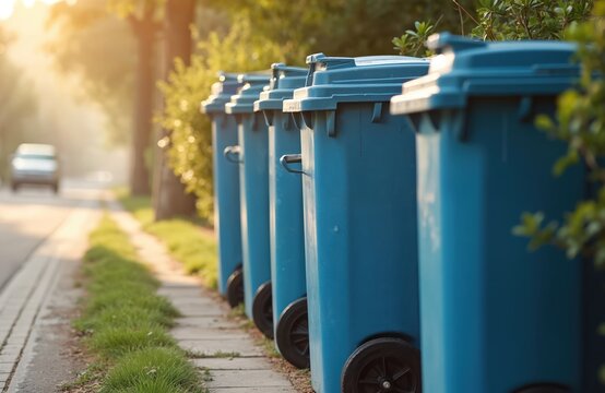 Blue garbage cans line street curb. Wheelie bins for trash collection. Environmental protection, waste management, recycling. Clean neighborhood, responsible disposal. Sorted waste for eco-friendly