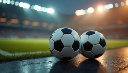 Two soccer balls at stadium before game. Arena lights in background. Betting sport online, analytics and statistics. Goal, competition, game, bet, win.