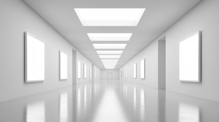 Bright, minimalist white hallway with blank frames, reflective floor, and ceiling lights.