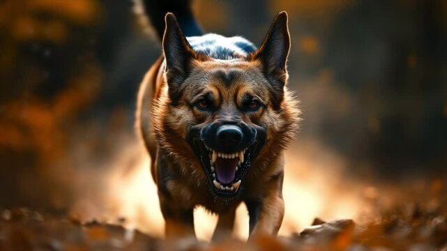 a fierce and angry dog ​​rushes towards you with a tense expression on its face and raised fur and a desire to bite