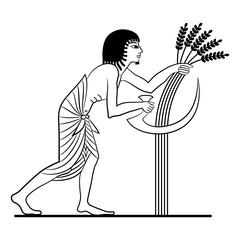 Ancient Egyptian man reaping cereal grass with a sickle. Ethnic agricultural design. Black and white linear silhouette.