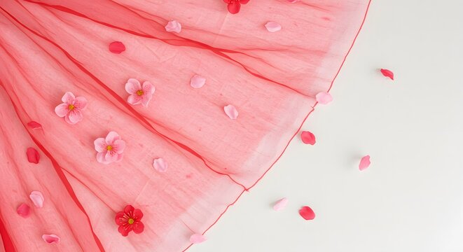 Delicate Red Tulle Fabric with Pink Flower Petals, Sheer Textile Overlay, Floral Design