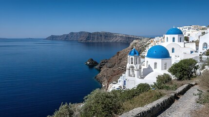 Picturesque coastal scenery with white buildings and blue domes.