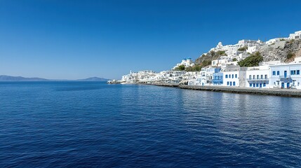 Picturesque waterfront of a whitewashed town nestled on a hillside overlooking the sea.