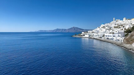 Coastal town with white buildings nestled along a shoreline.