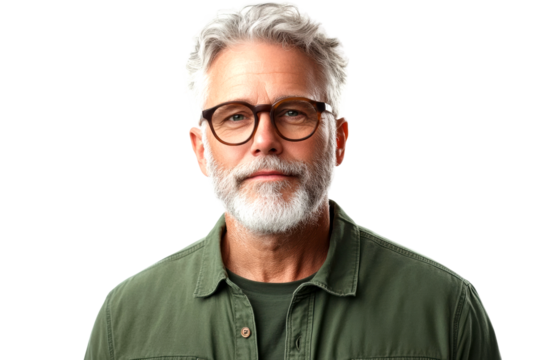 Portrait of a mature man with glasses studio setting professional headshot calm environment cut out on transparent background